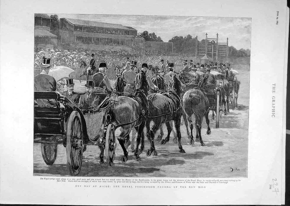 Original Old Antique Print 1893 Cup-Day Ascot Royal Procession New-Mile 19th
