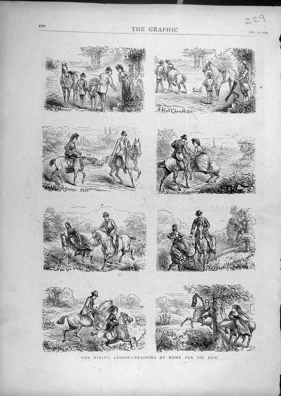 Original Old Antique Print 1872 Riding Lesson Training Home Rotten-Row Rider