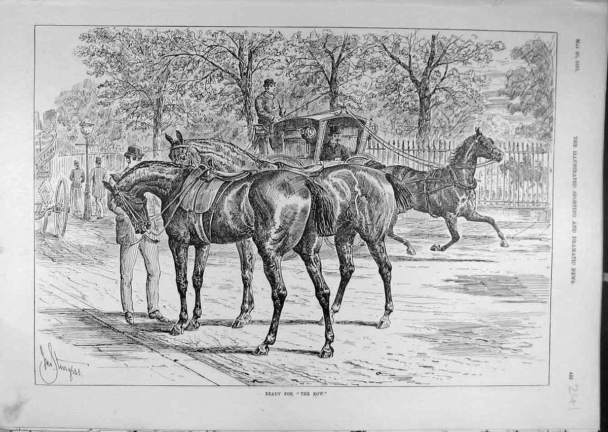 Original Old Antique Print 1891 Ready-For-The-Row Rotten-Row Horses Rider 19th