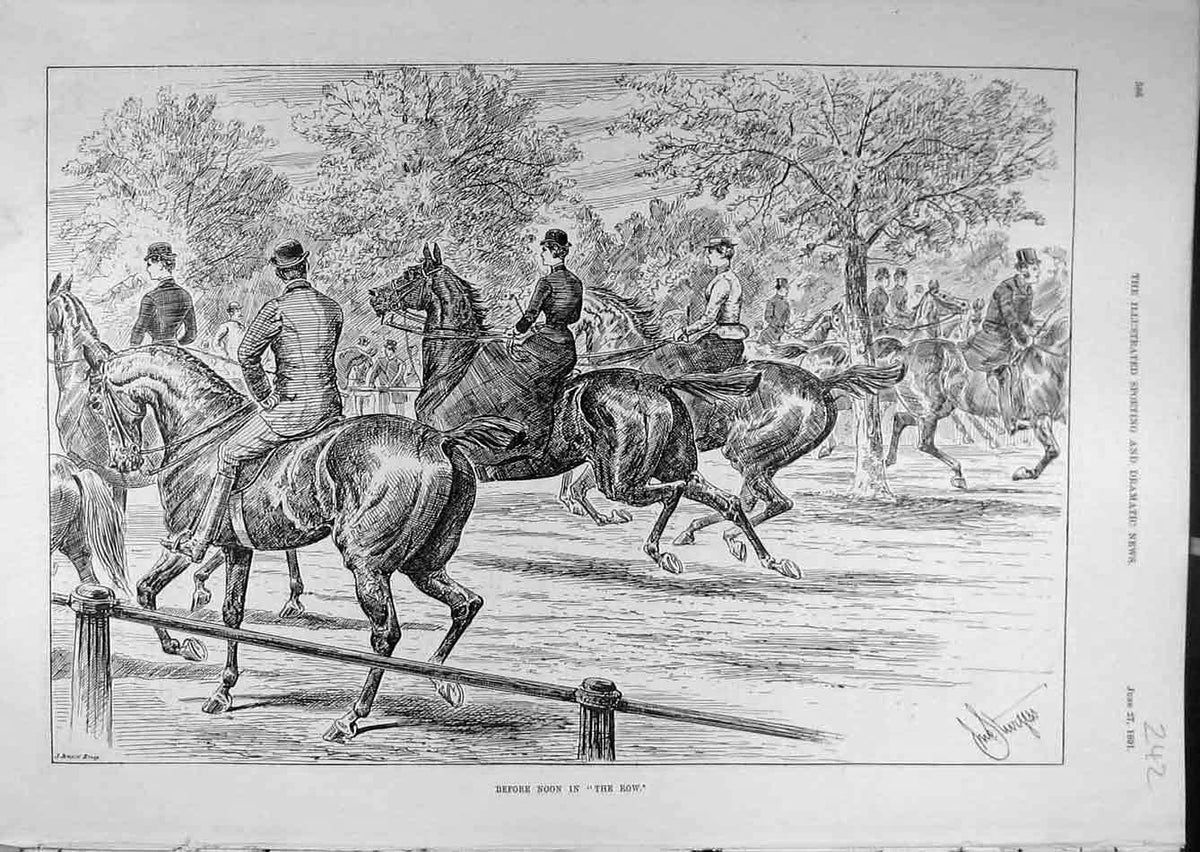 Original Old Antique Print 1891 Rotten Row Horses Riders Before-Noon Sketch 19th