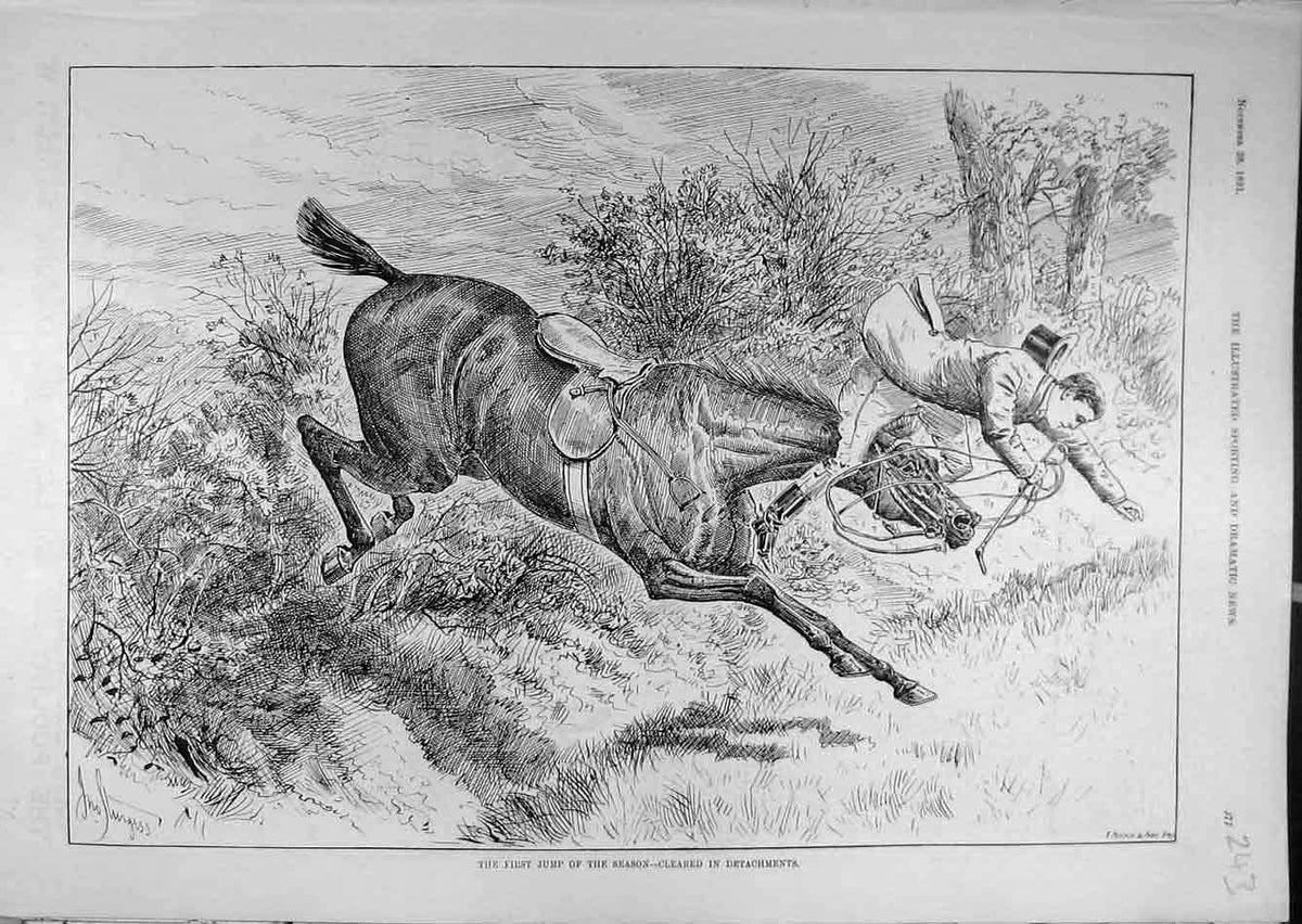 Original Old Antique Print 1891 First-Jump Season Horse Rider Fall Victorian