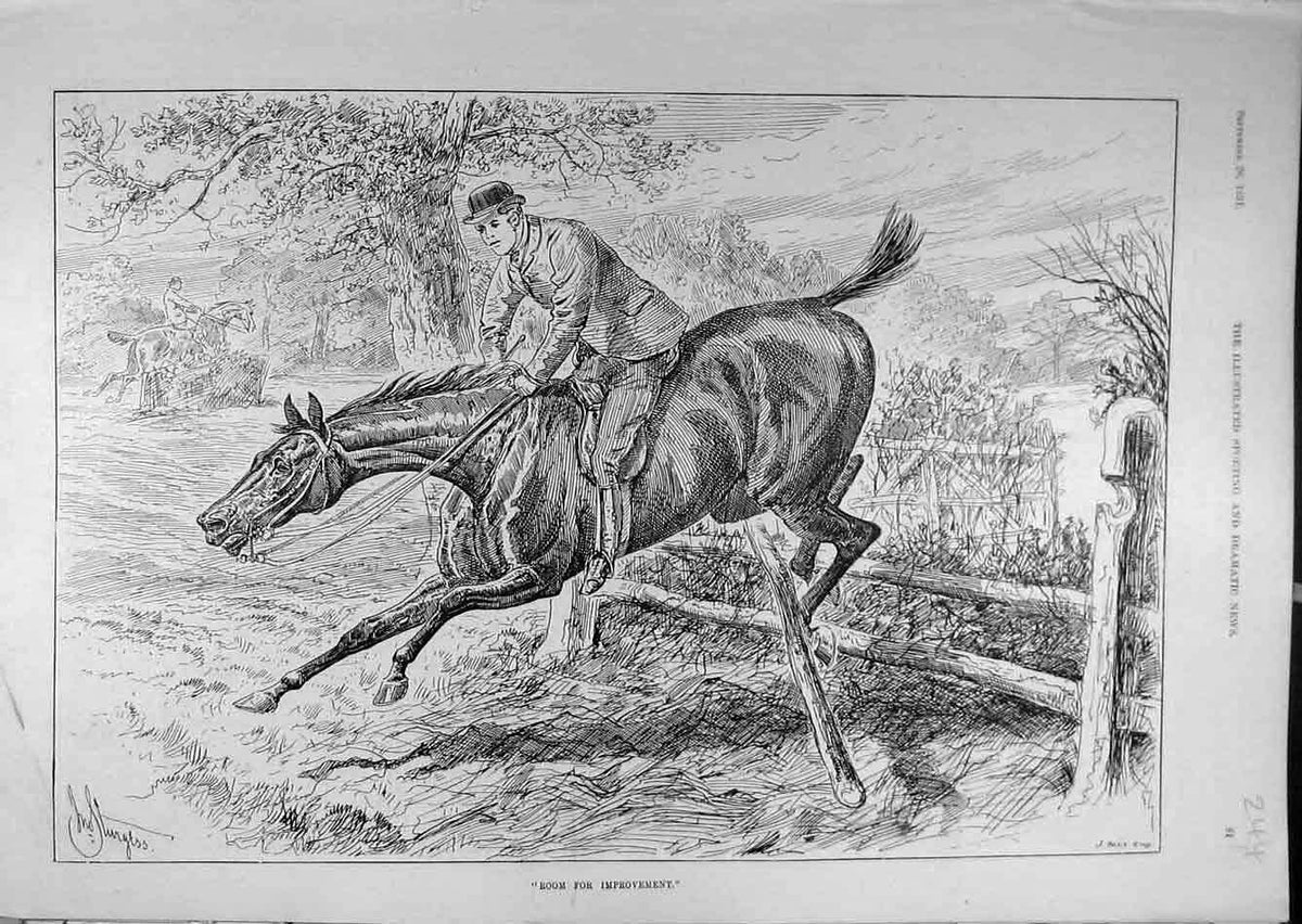 Original Old Antique Print 1891 Horse Jumping Fence-Down Rider 19th