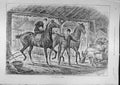 Original Old Antique Print 1891 Rain Riding Riders Shelter Barn Horses Chickens