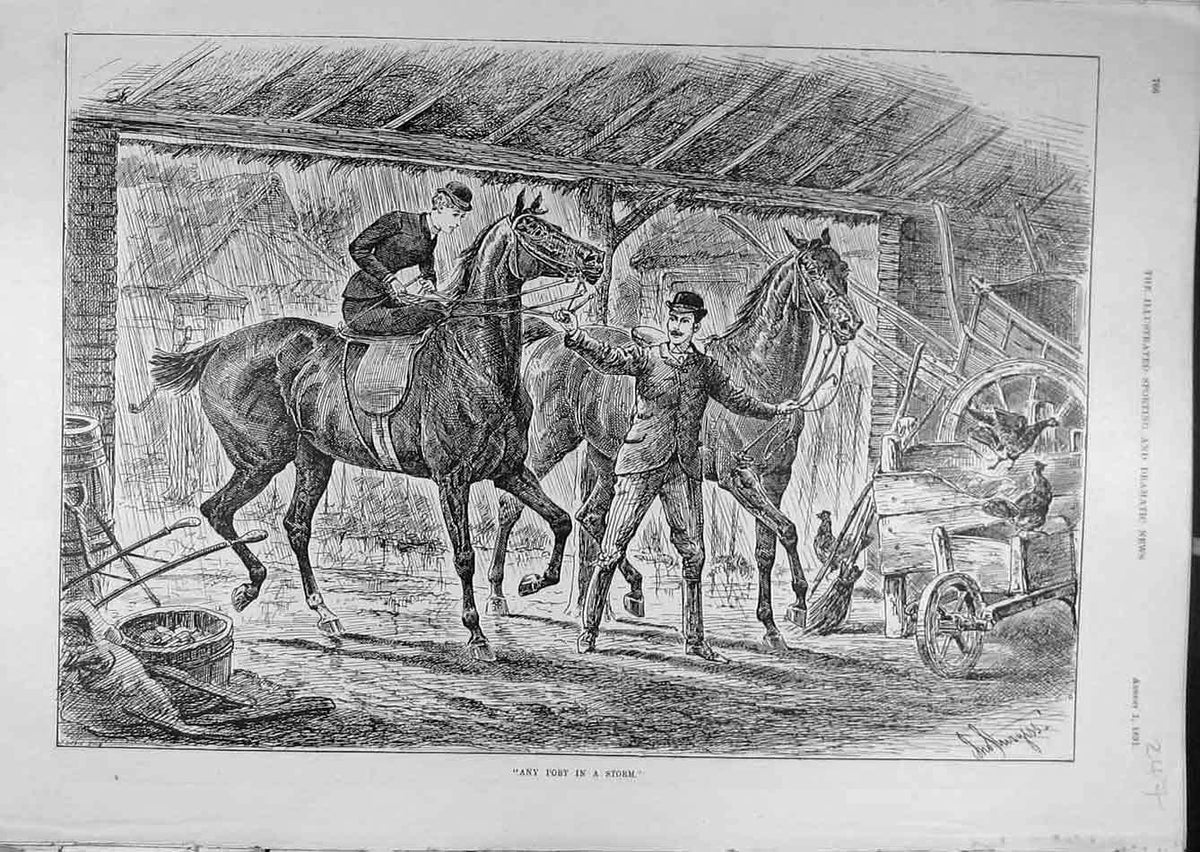 Original Old Antique Print 1891 Rain Riding Riders Shelter Barn Horses Chickens