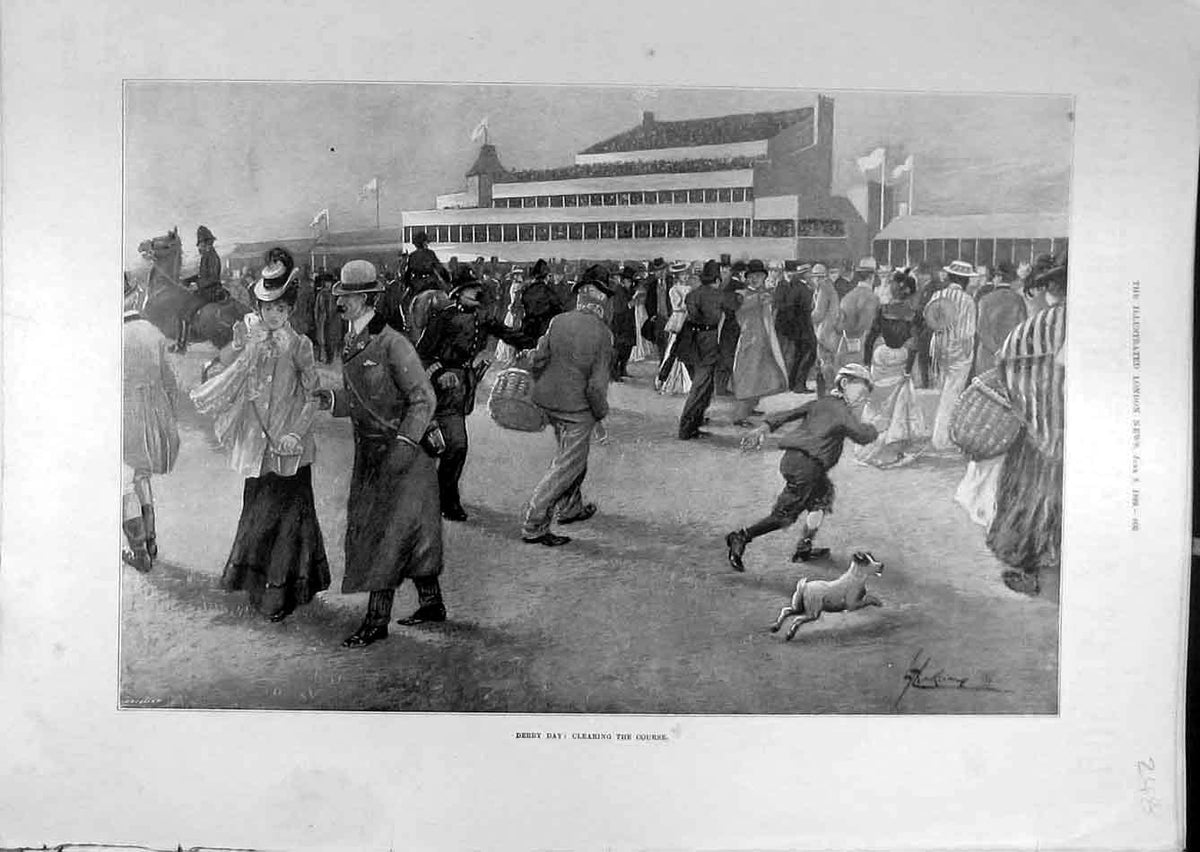 Original Old Antique Print 1899 Derby-Day Clearing Course People Races Victorian