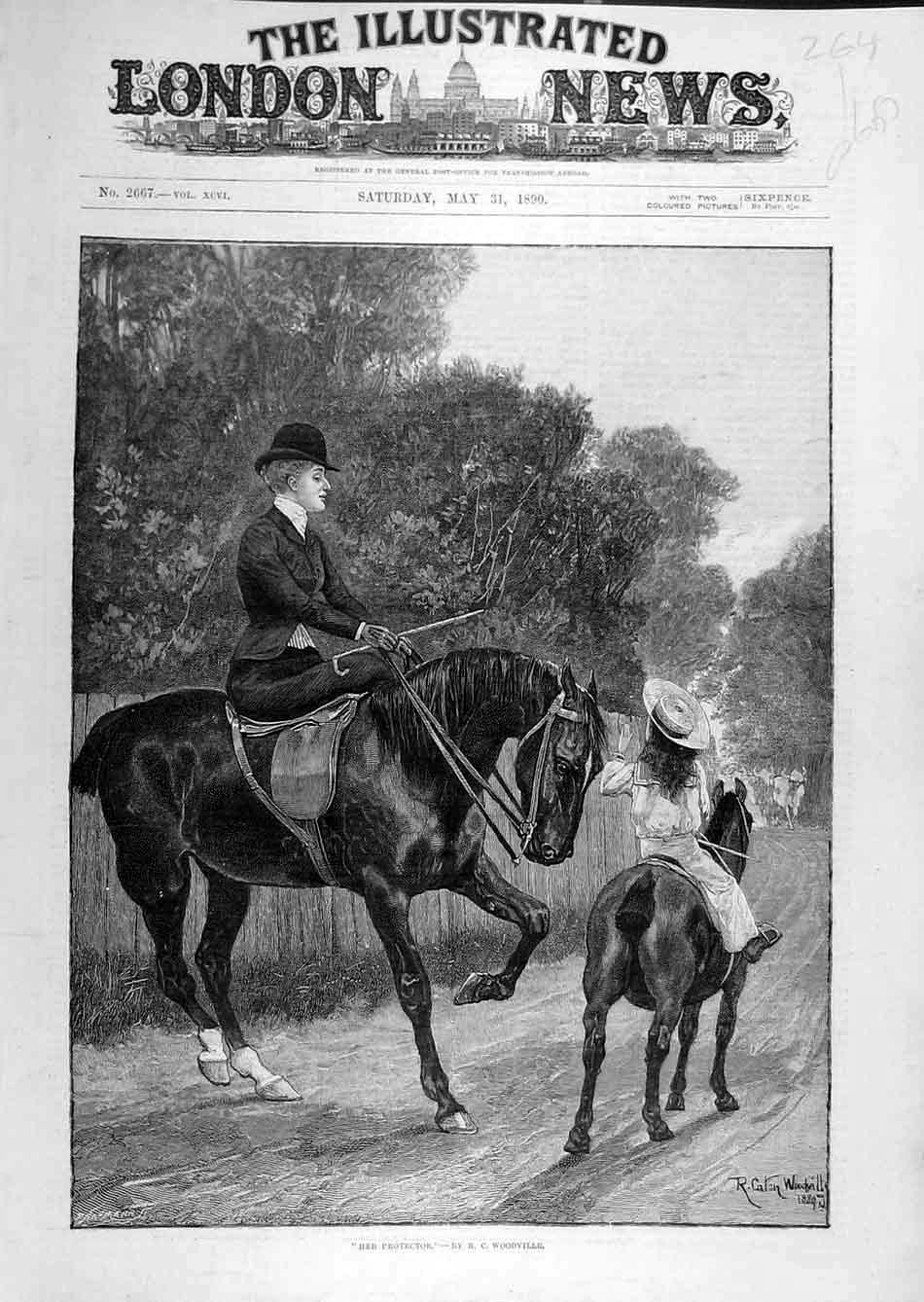 Original Old Antique Print 1890 Woodville Horse Riding Protector Child Lady 19th