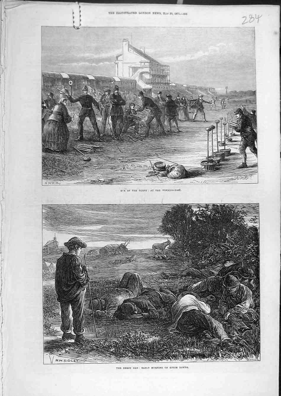 Old Antique Print 1871 Derby Winning-Post Epsom Downs Racing Horse-Races 19th
