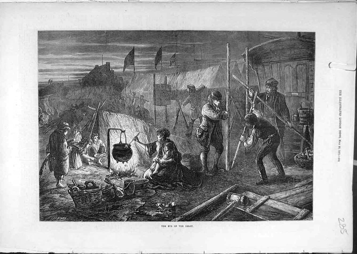 Original Old Antique Print 1871 Horse-Racing Derby Evening Spectators Course