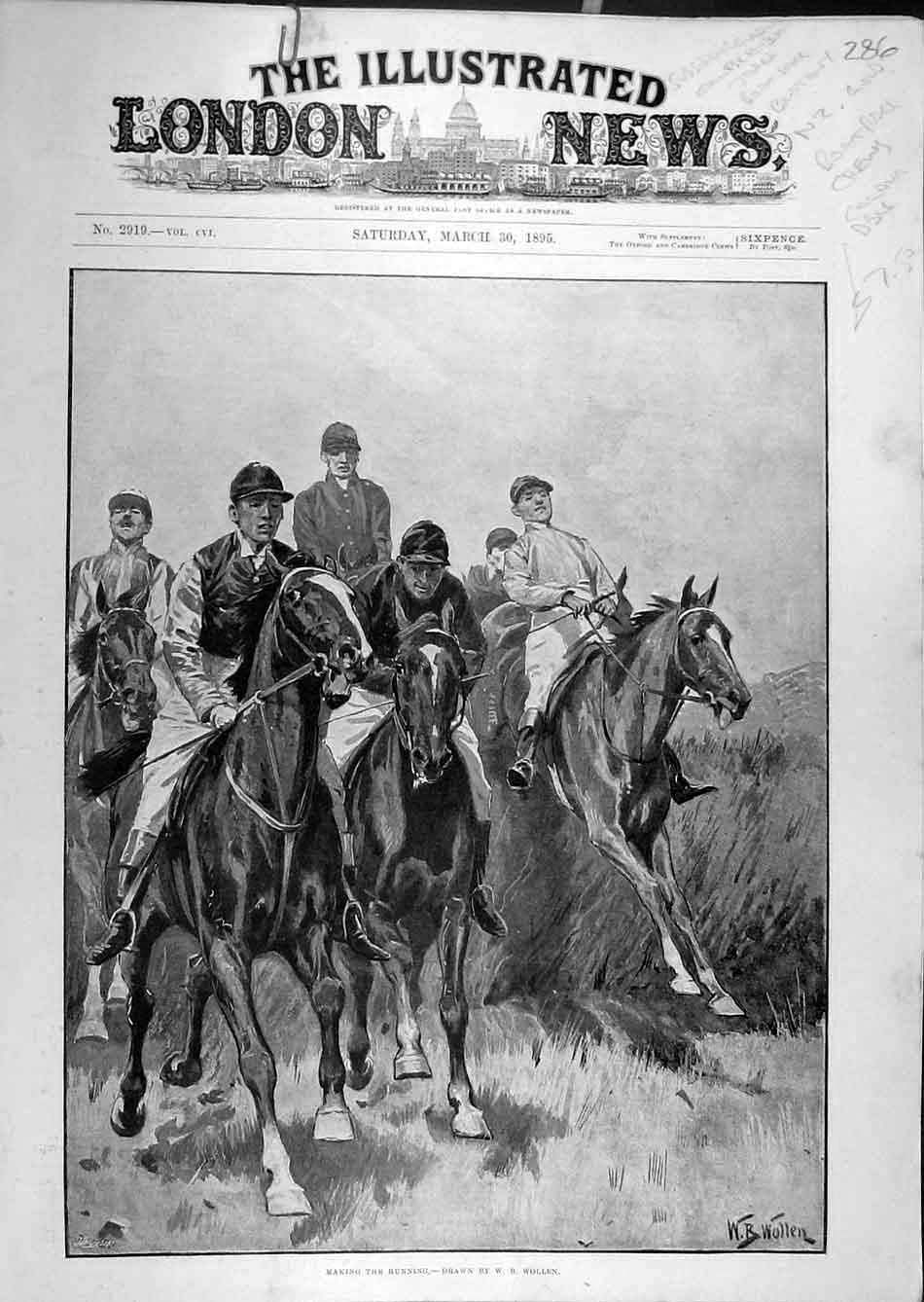 Original Old Antique Print 1895 Wollen Steeplechase Riders Horses Racing Races