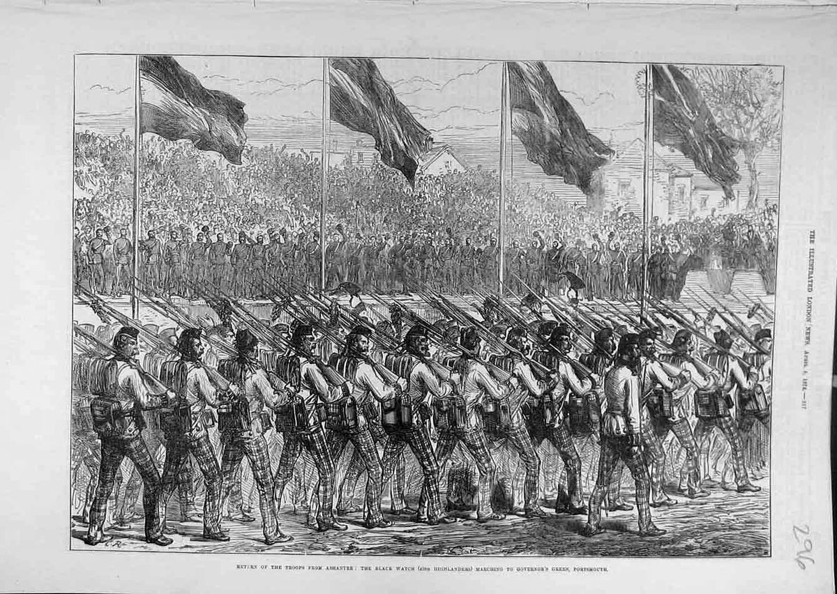 Old Antique Print 1874 Troops Ashantee Black-Watch Highlanders Portsmouth 19th