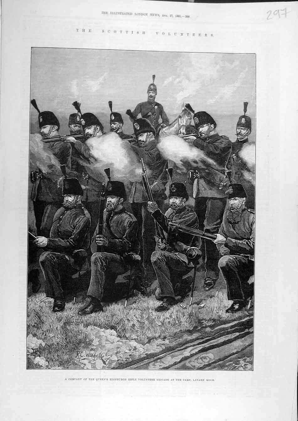 Old Antique Print 1881 Scottish Volunteers Edinburgh Rifle Brigade Lanark 19th