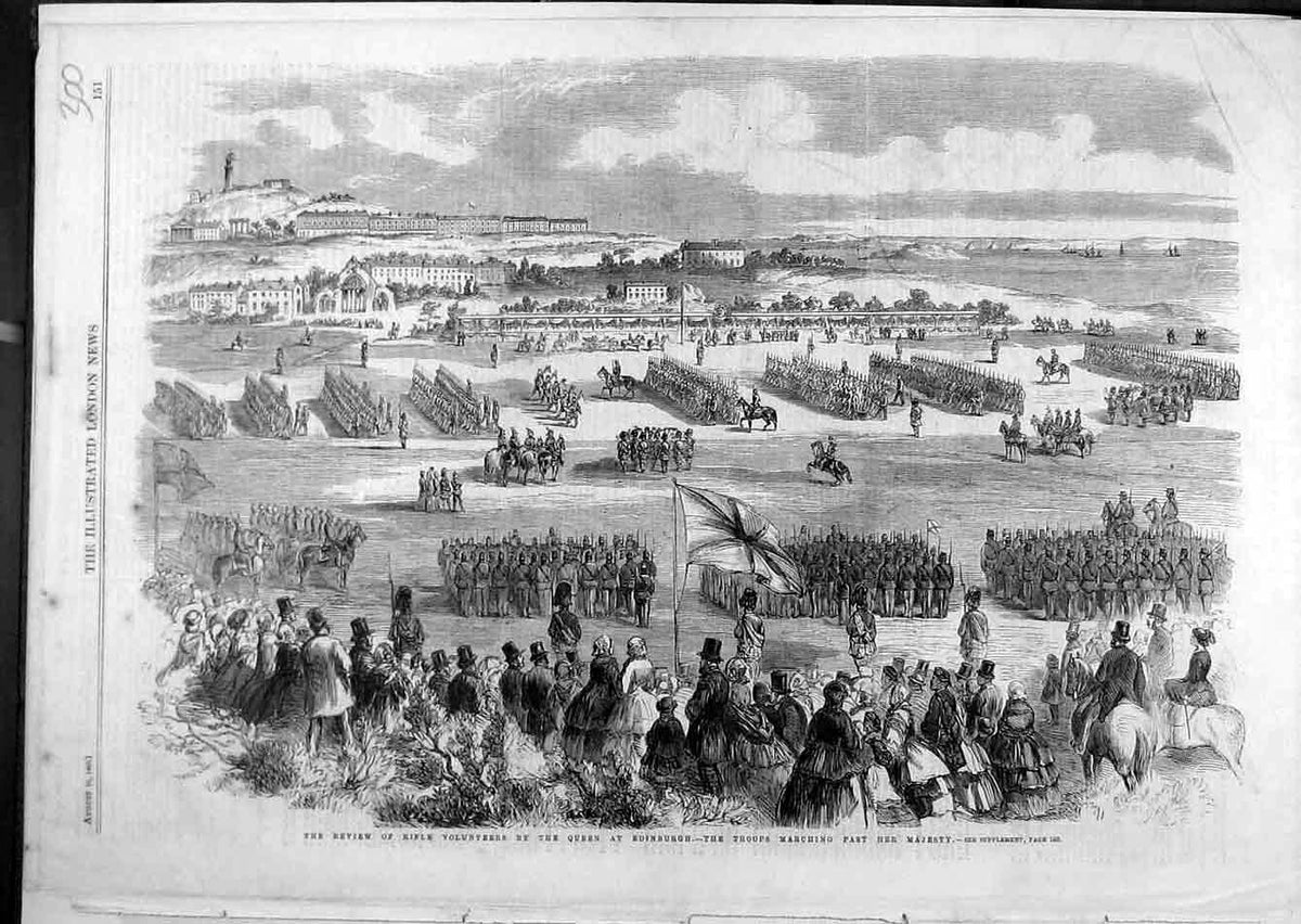 Original Old Antique Print 1860 Review Rifle Volunteers Queen Edinburgh Troops