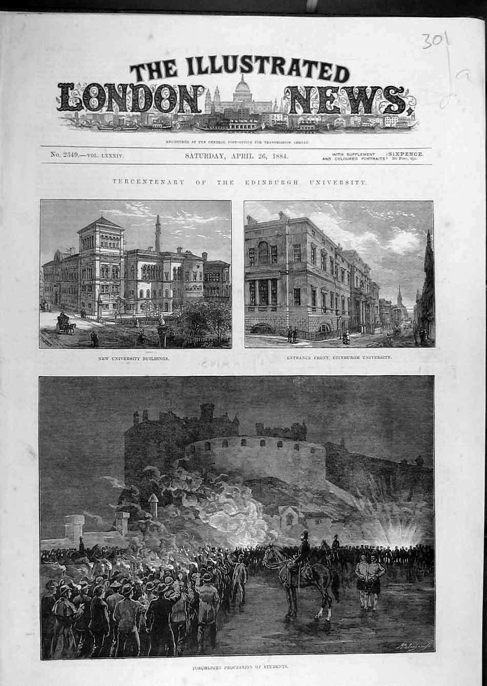 Old Antique Print 1884 Edinburgh University Buildings Students Procession 19th