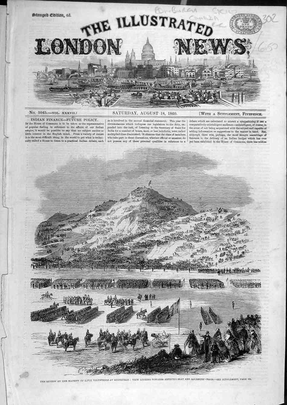 Original Old Antique Print 1860 Arthur'S Seat Salisbury Crags Rifle Volunteers