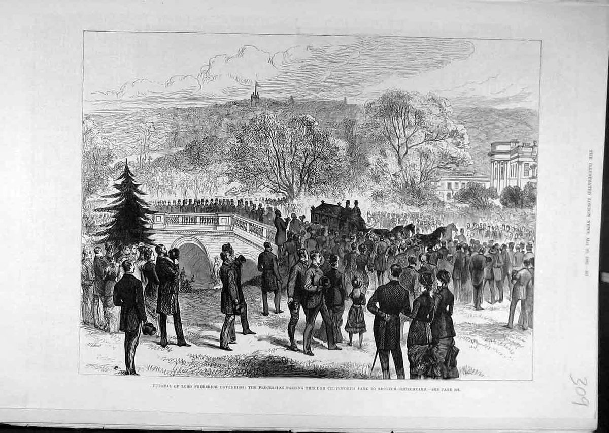 Original Old Antique Print 1882 Funeral Cavendish Procession Edensor Chatsworth