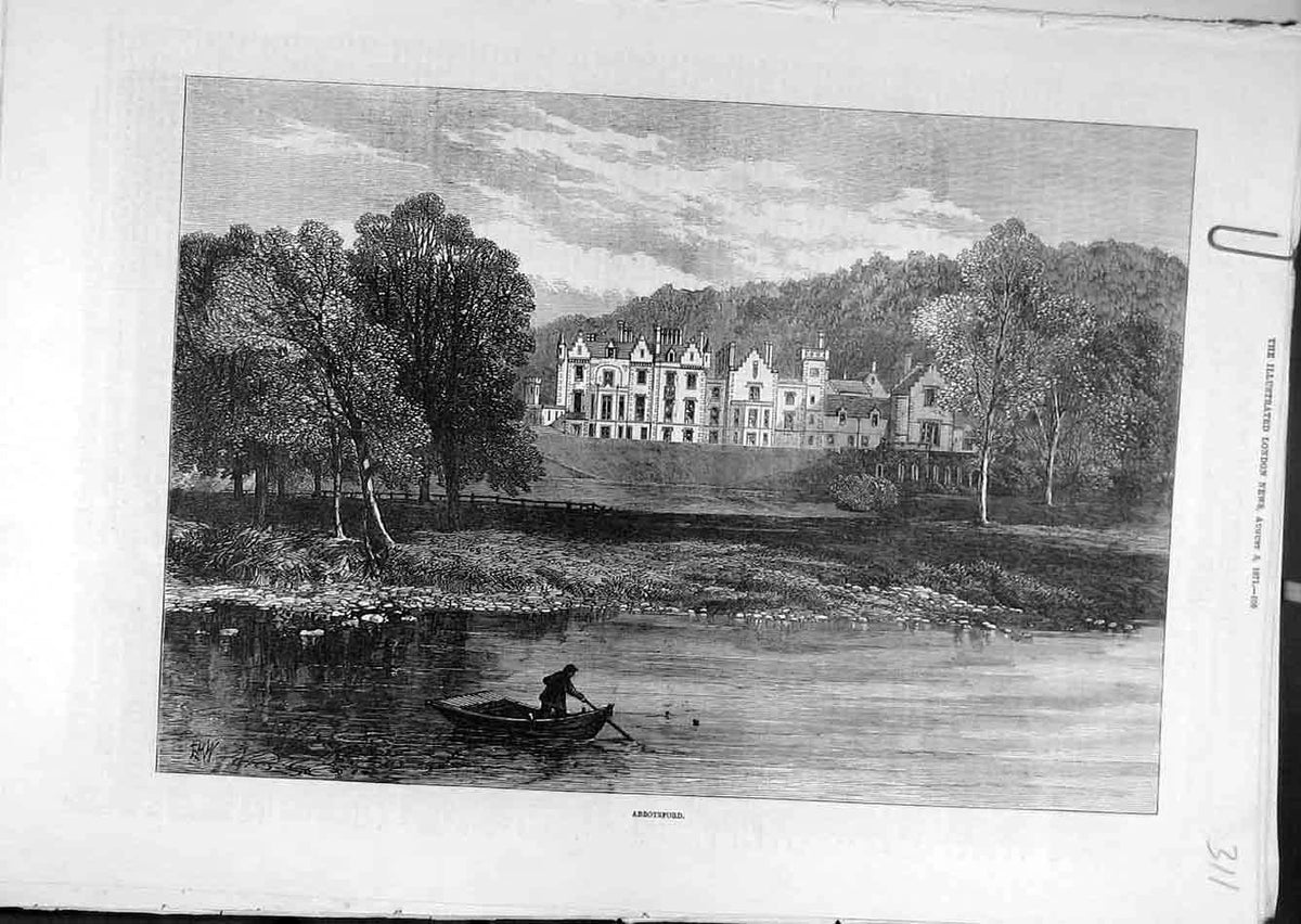 Original Old Antique Print 1871 Abbotsford View Building River Boat Victorian