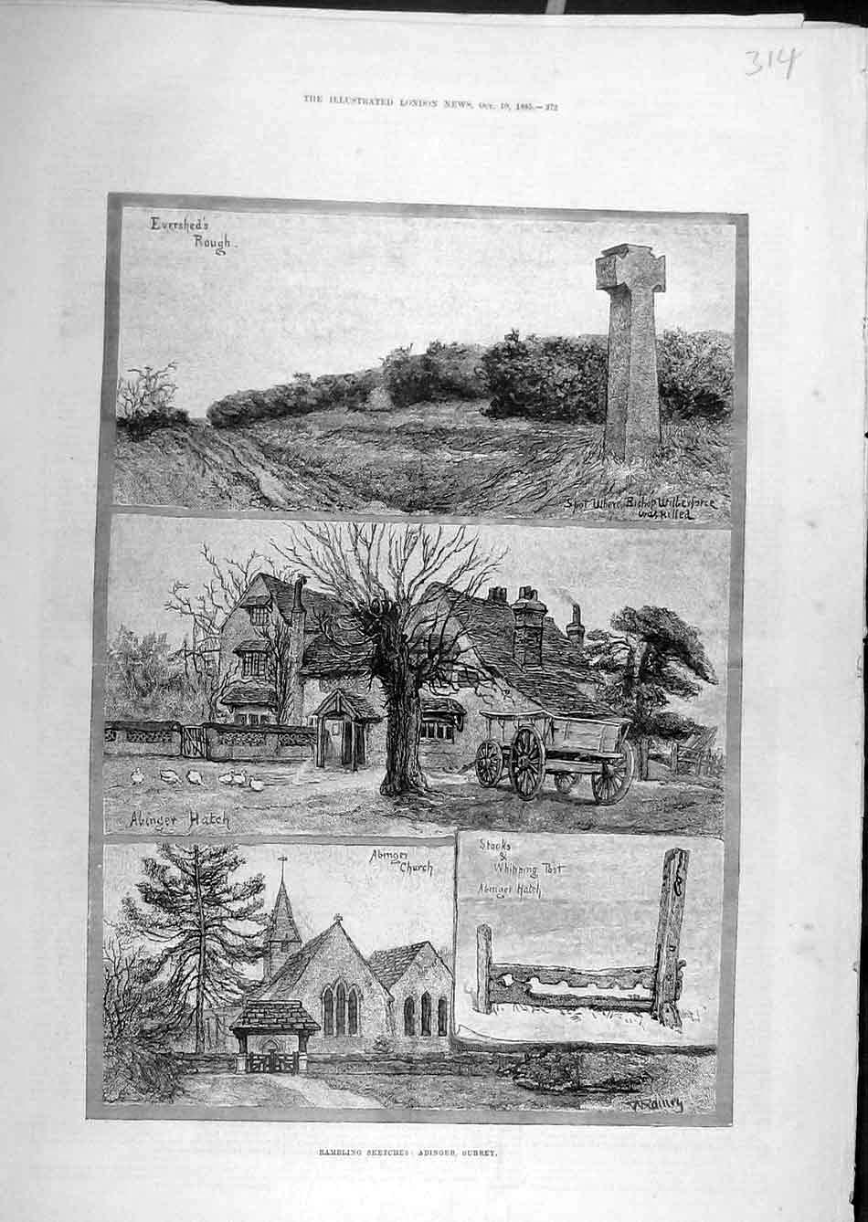 Original Old Antique Print 1885 Sketches Abinger Surrey Church Hatch Wilberforce