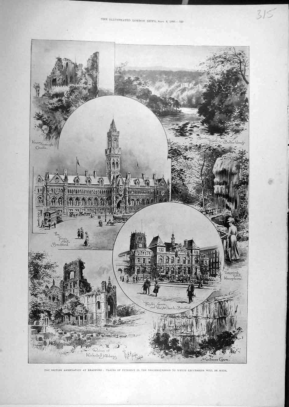 Original Old Antique Print 1900 Bradford Ruins Abbey Knaresborough Barden 20th