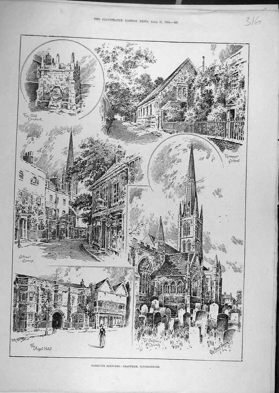 Original Old Antique Print 1894 Sketches Grantham Lincolnshire Conduit Wolfran'S