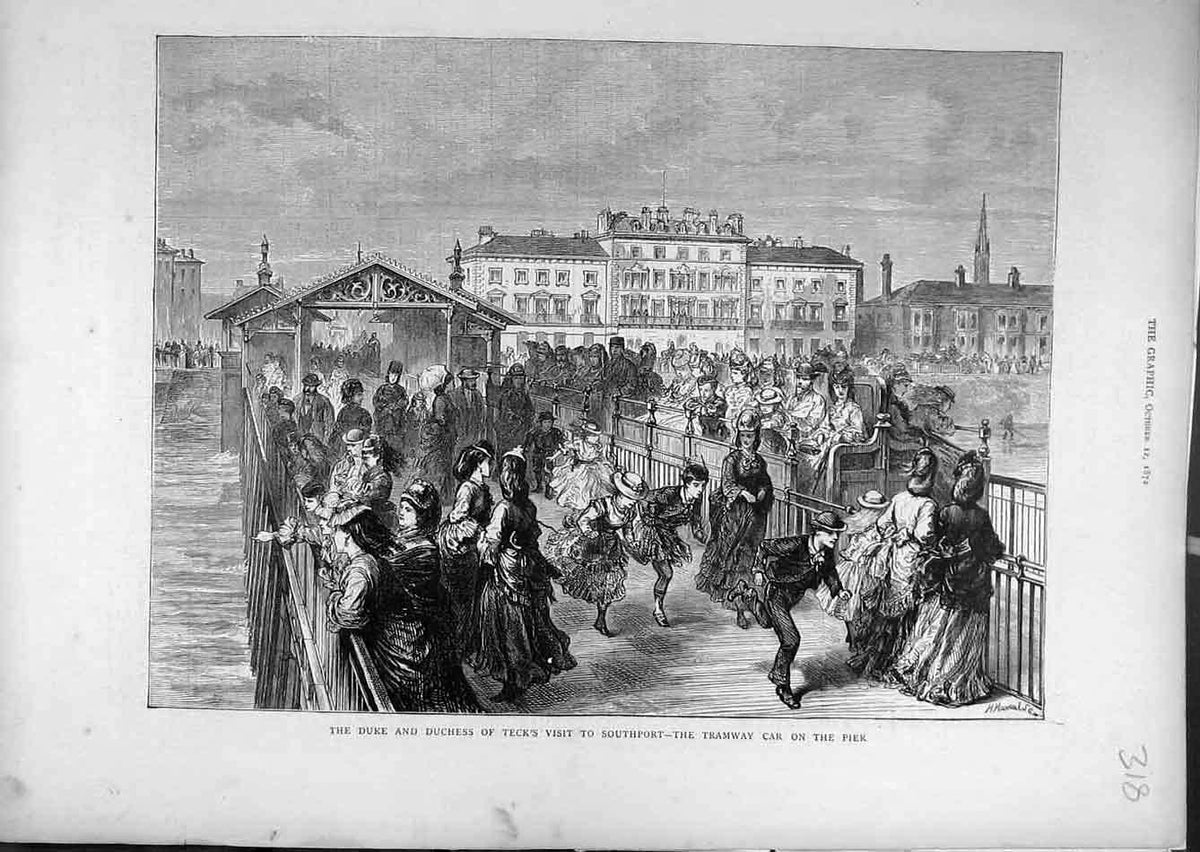 Original Old Antique Print 1872 Duke Duchess Teck Southport Tramway-Car Pier