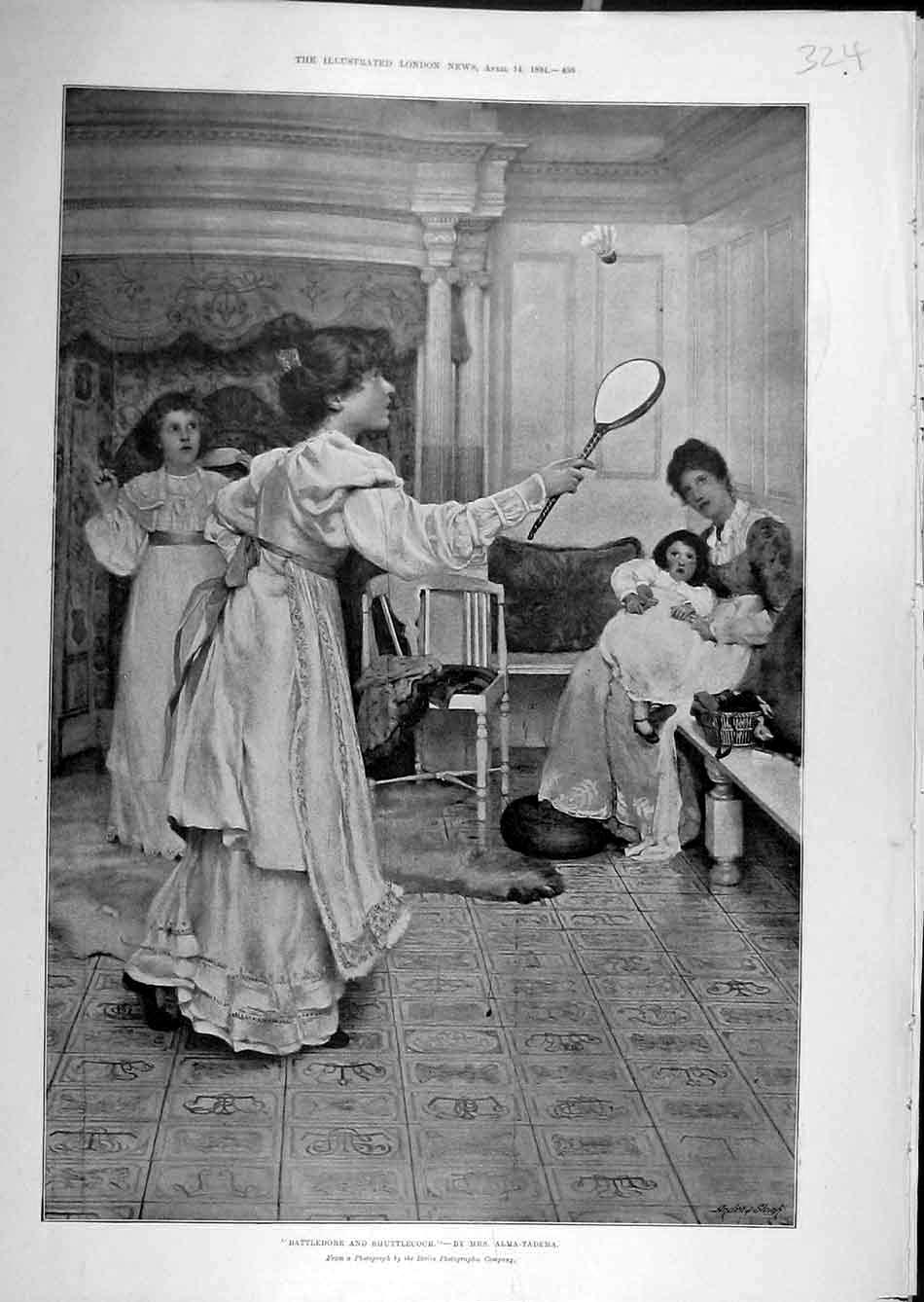 Original Old Antique Print 1894 Battledore Shuttlecock Alma-Tadema Sport Girl