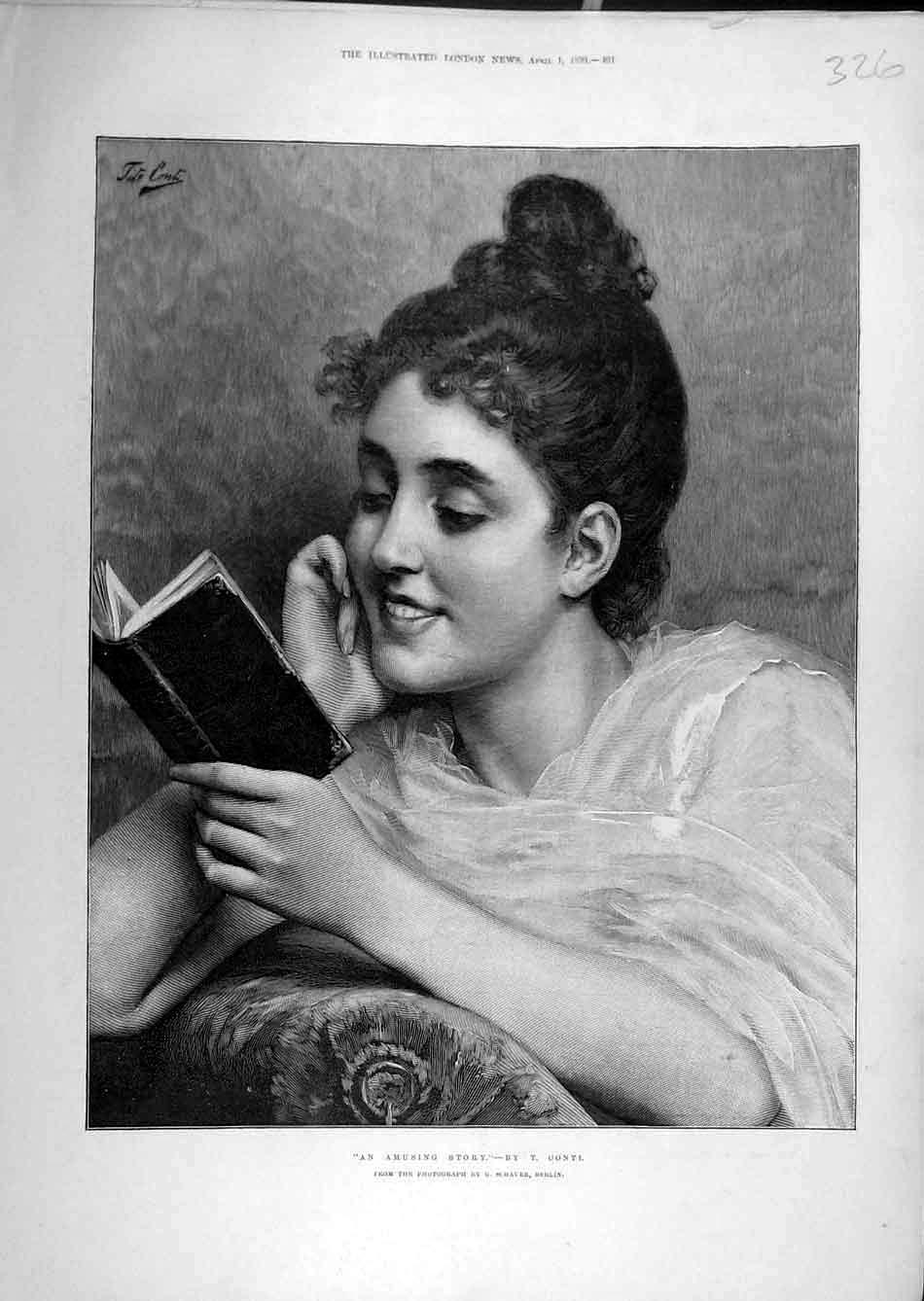 Original Old Antique Print 1893 Contl Lady Book Reading Amusing-Story Victorian