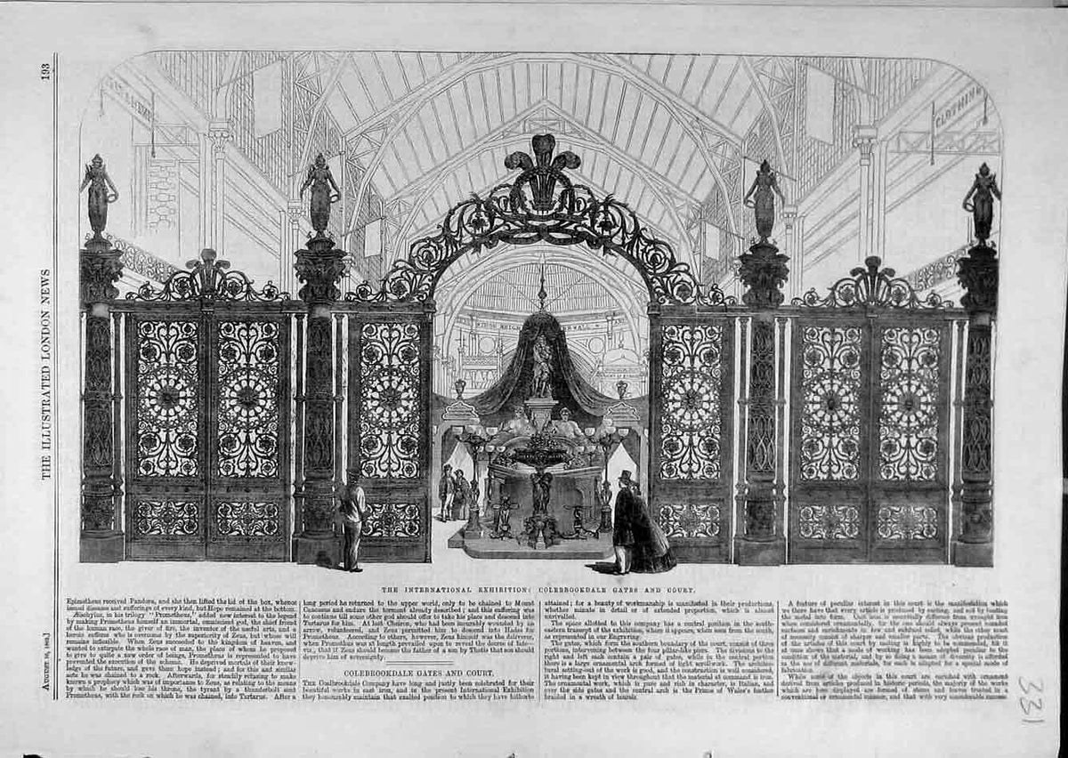 Original Old Antique Print 1862 Colebrookdale Gates Court Exhibition Cast-Iron