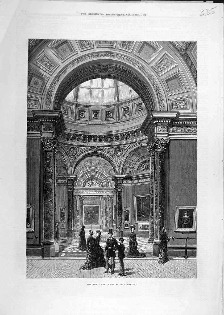 Original Old Antique Print 1876 Rooms National Gallery Building 19th