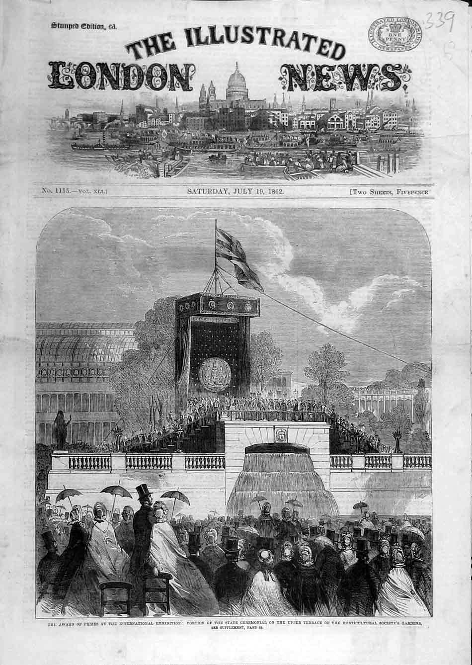 Old Antique Print 1862 State Ceremony Horticultural Society Garden Prizes 19th