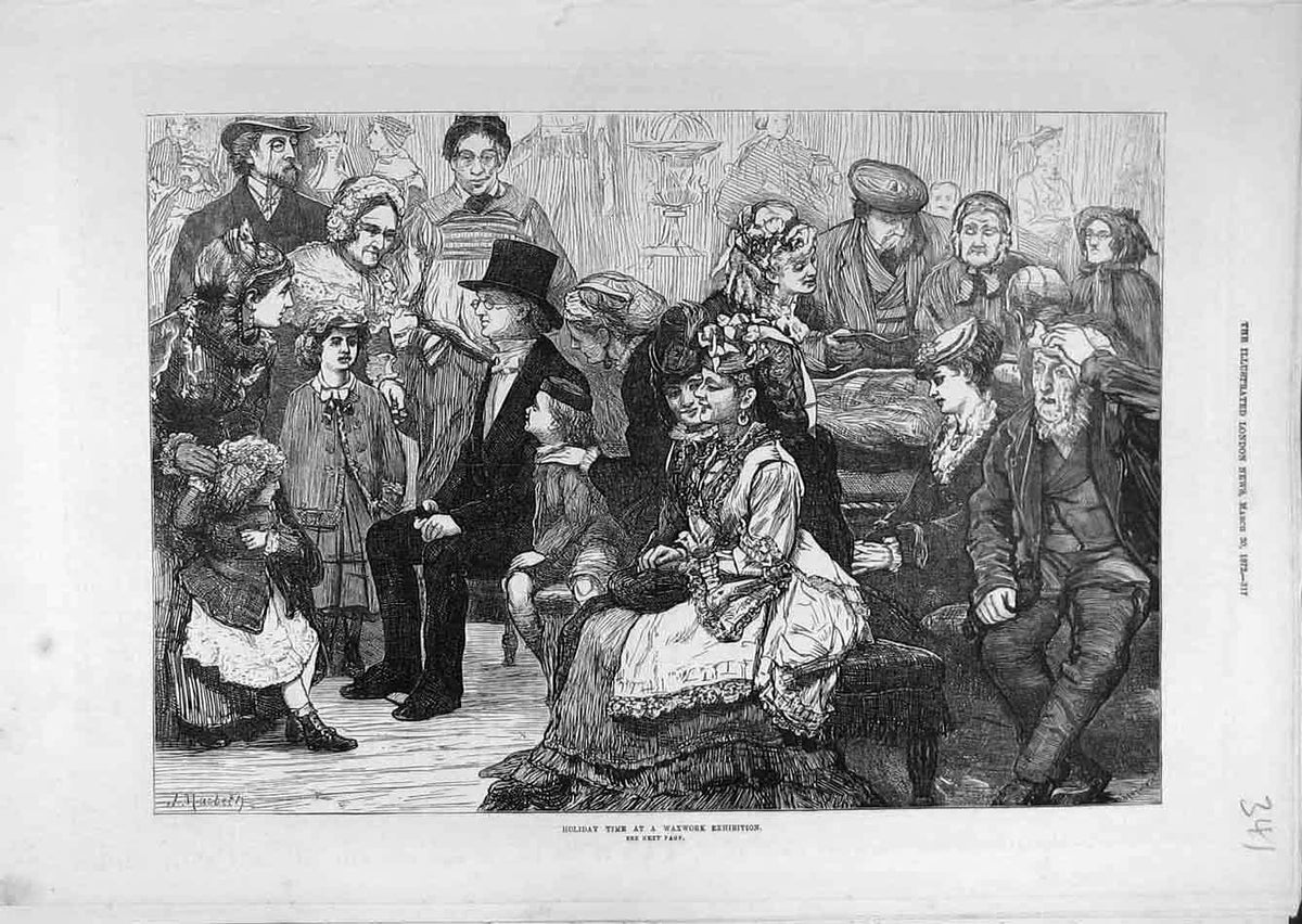 Original Old Antique Print 1872 Holiday-Time Waxwork Exhibition People Victorian