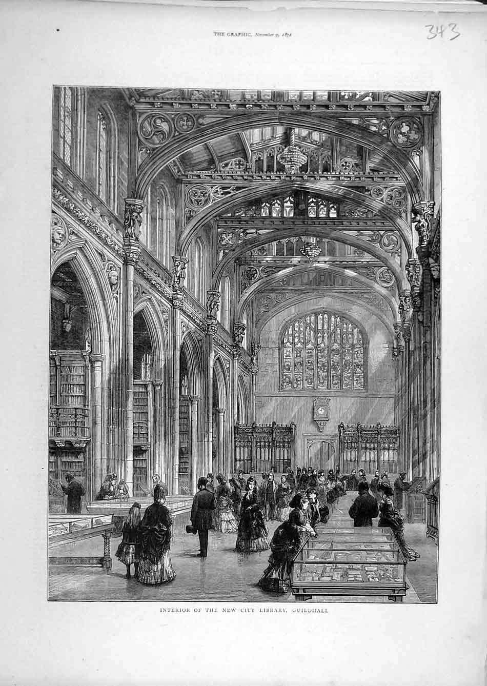 Original Old Antique Print 1872 City-Library Guildhall Interior Building 19th