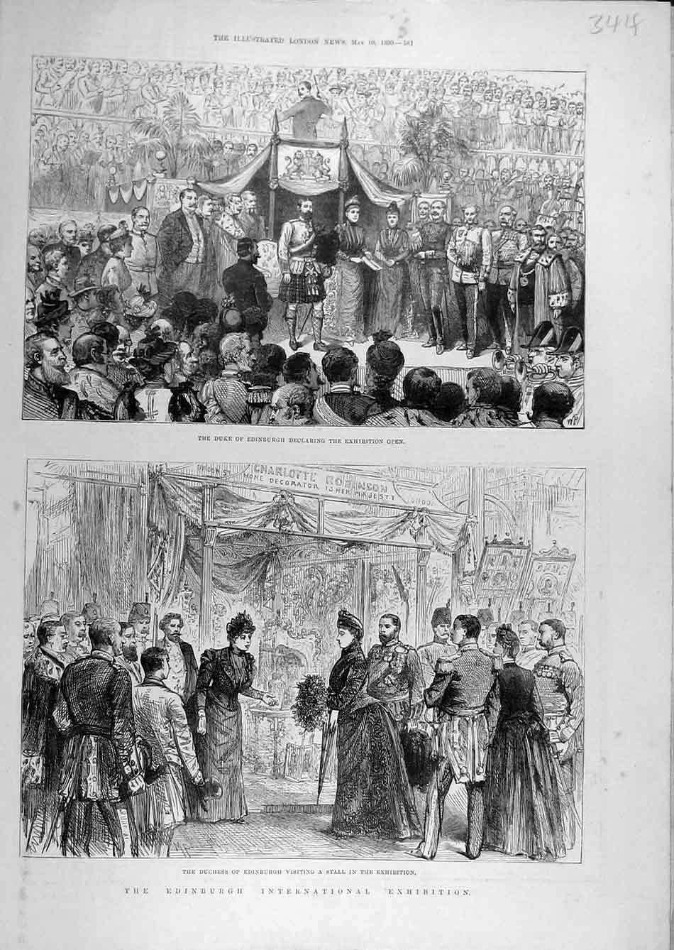 Original Old Antique Print 1890 Duke Edinbugh Exhibition Duchess Stall People