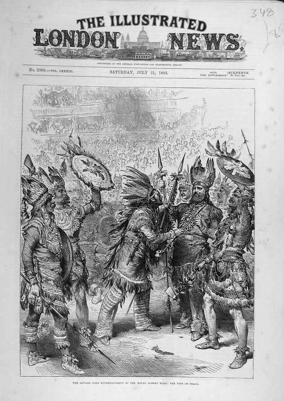 Old Antique Print 1883 Savage Club Entertainment Royal Albert Pipes Peace 19th