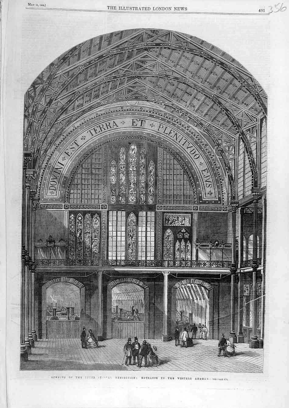 Original Old Antique Print 1862 Western Annexe International Exhibition Building