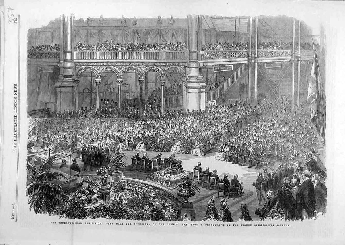 Original Old Antique Print 1862 Orchestra View International Exhibition People