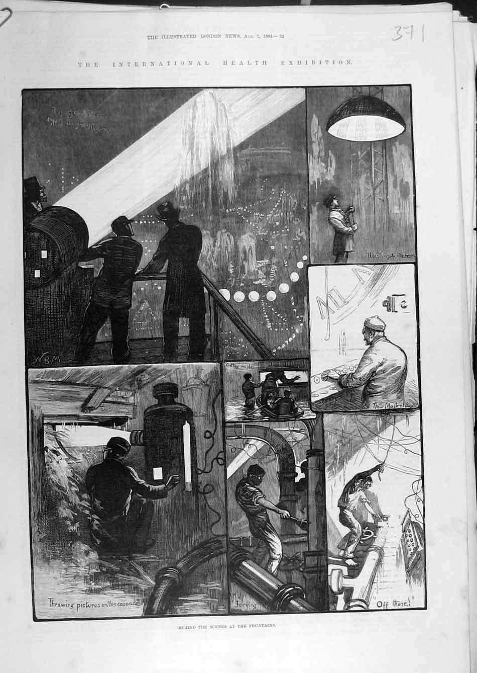 Original Old Antique Print 1884 Health Exhibition Scenes Fountains Sketches 19th