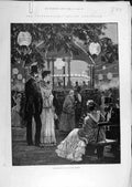 Original Old Antique Print 1884 Evening-Fete Music Gardens Health Exhibition