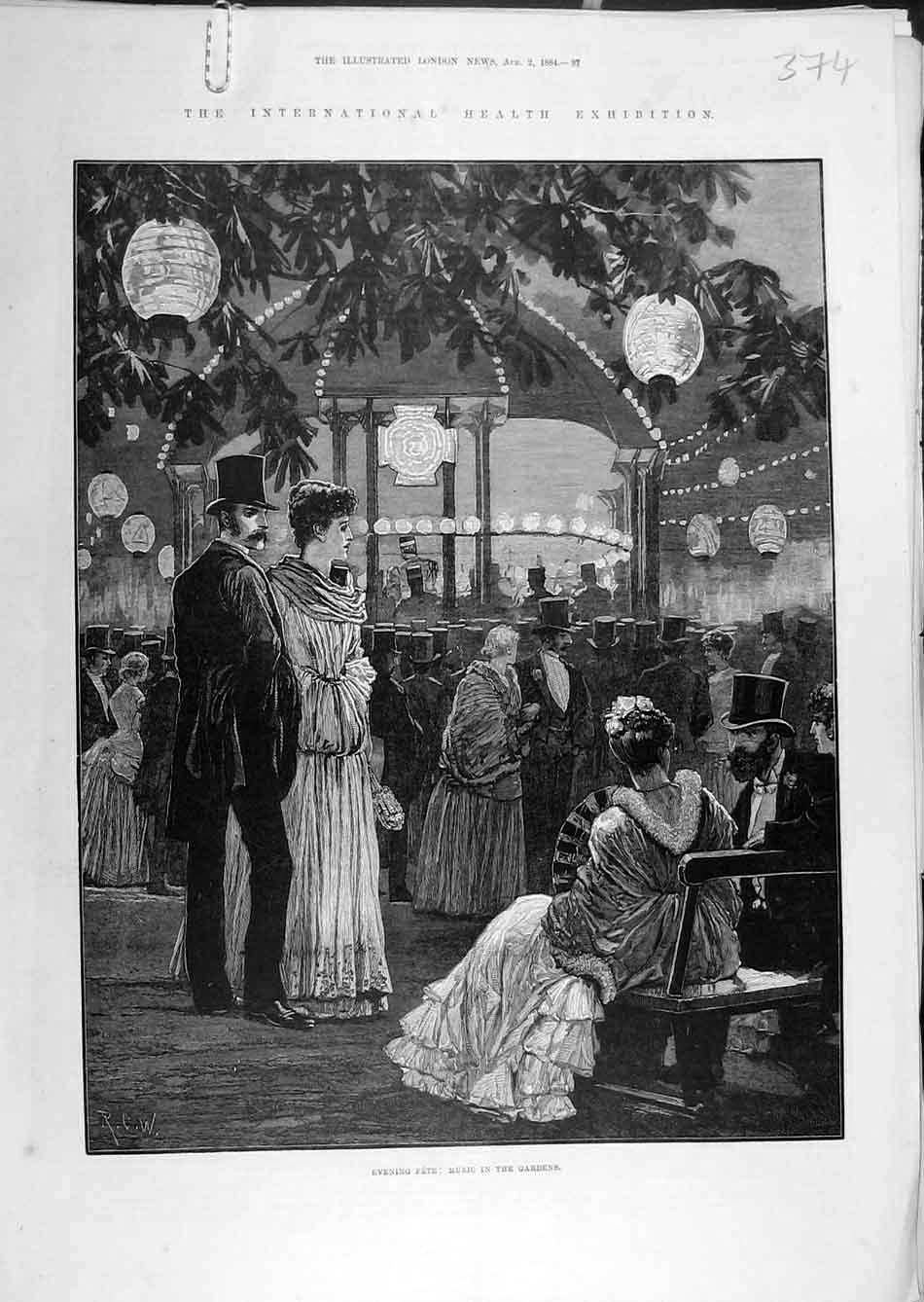 Original Old Antique Print 1884 Evening-Fete Music Gardens Health Exhibition