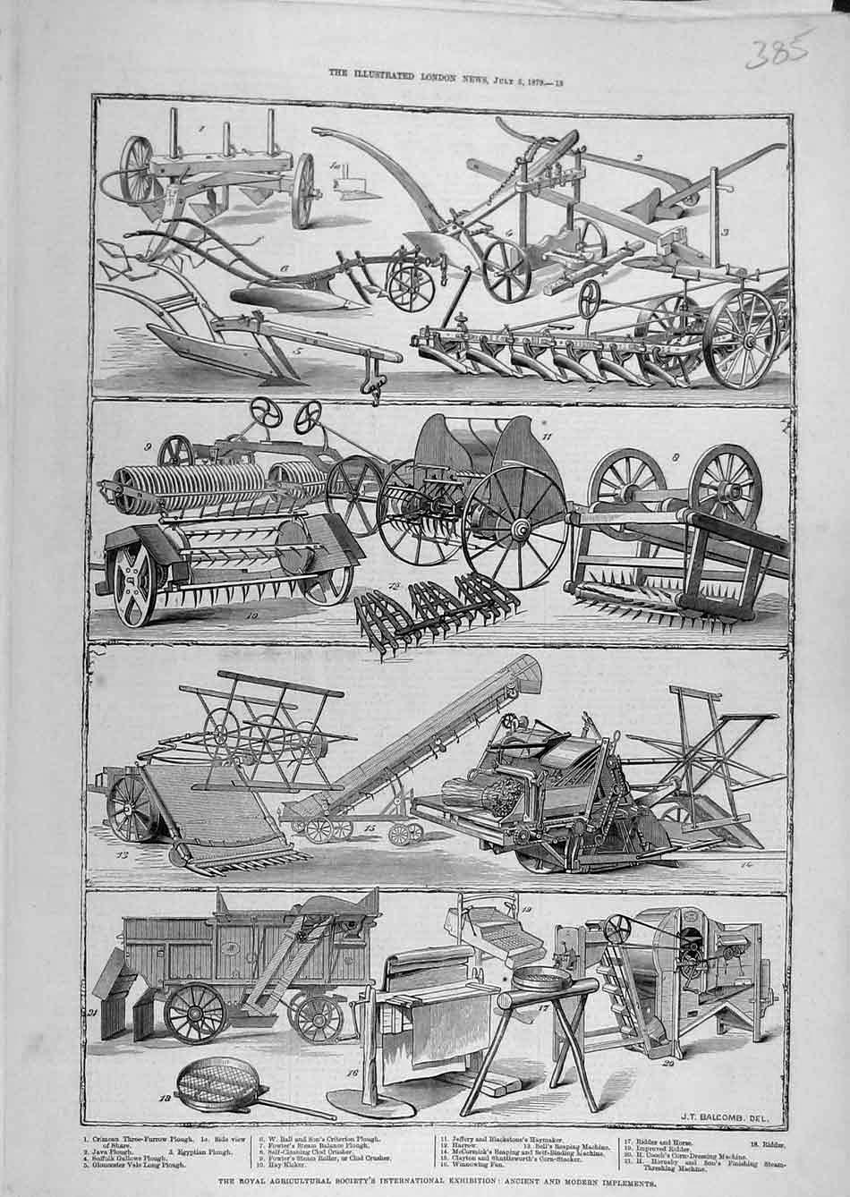 Original Old Antique Print 1879 Ancient Modern Farmagricultural Implements 19th