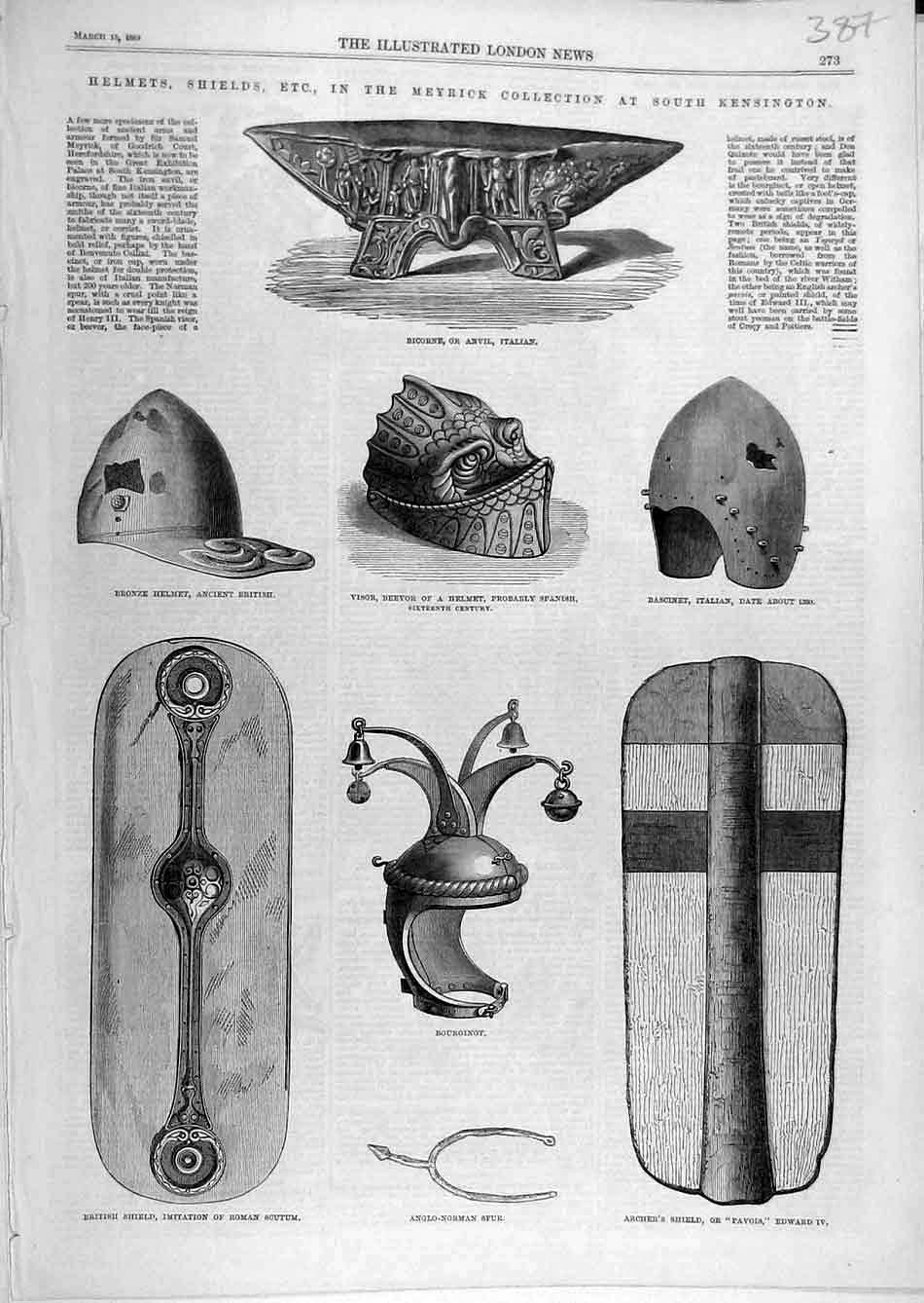 Original Old Antique Print 1869 Helmets Shields Meyrick Spur Bascinet Victorian