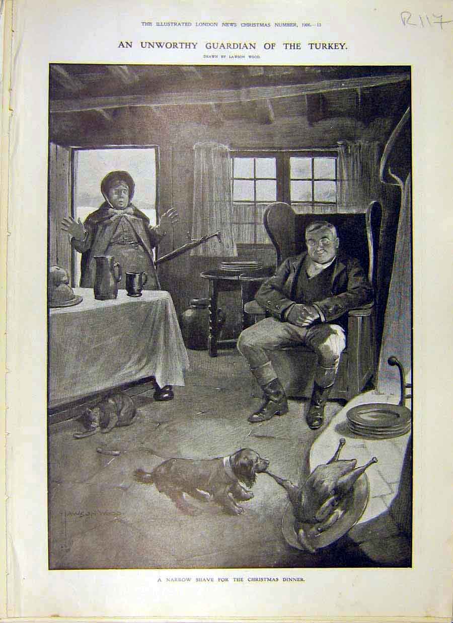 Original Old Antique Print 1906 Wood Turkey Guardian Dog Mistletoe Ladies Art