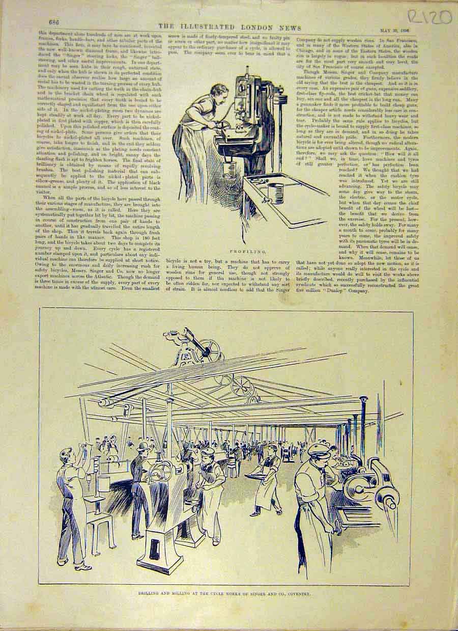 Original Old Antique Print 1896 Singer Cycle Works Factory Coventry People 19th