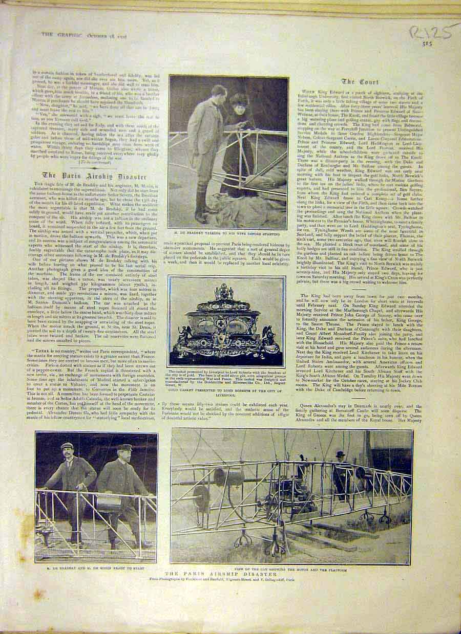Original Old Antique Print 1902 De-Bradsky Airship Paris Indian Rhinoceros Hunt