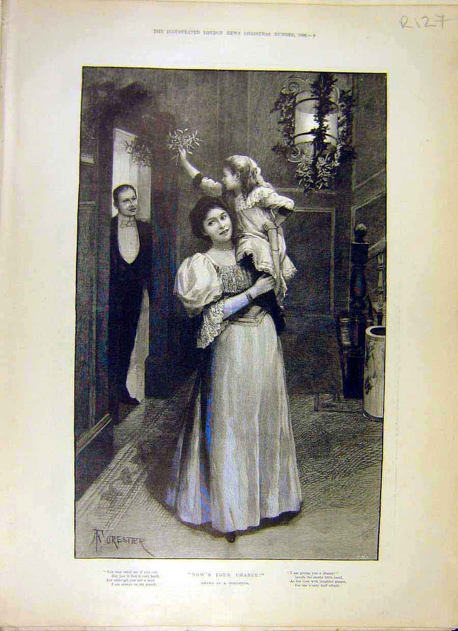 Original Old Antique Print 1896 Forestier Man Woman Child Mistletoe Davis Gift