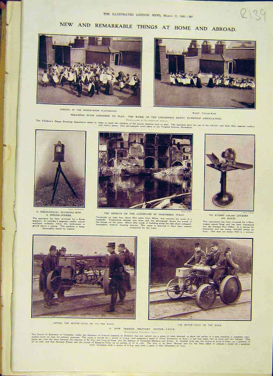 Original Old Antique Print 1906 Children Stamp Post Motor-Cycle Museum Cruiser