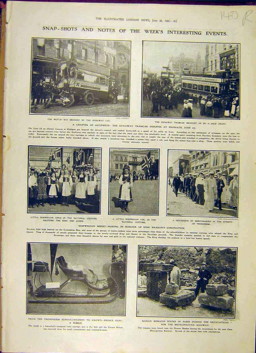 Original Old Antique Print 1906 Tram-Car Bus King Haakon Trondhjem Show German