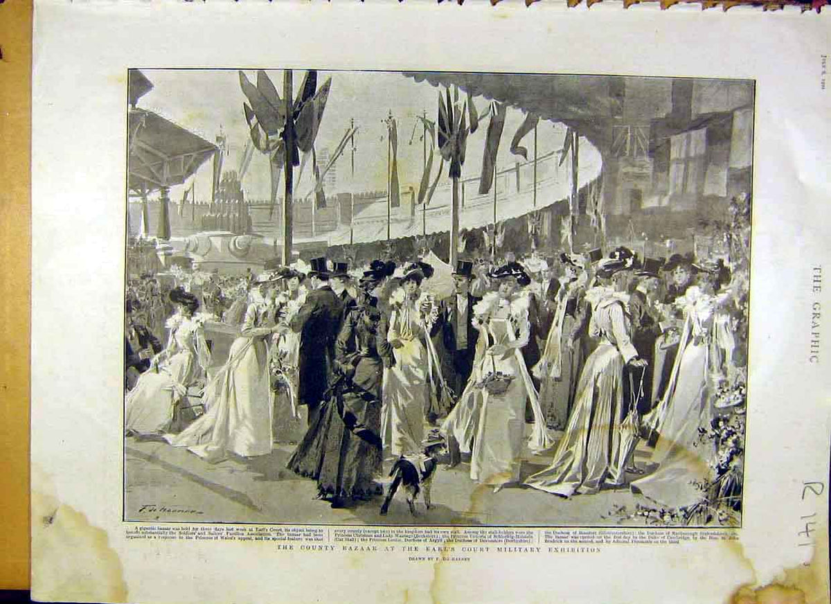 Old Antique Print 1901 County Bazaar Military Exhibition King Coronation 20th