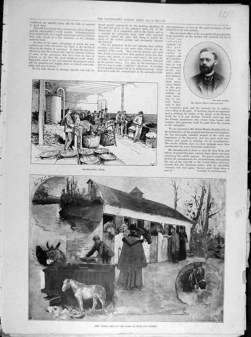 Original Old Antique Print 1897 Houldsworth Maceration Silk Horses Rest-Home