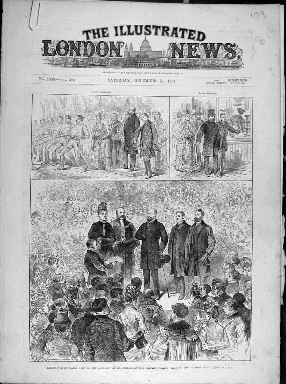 Old Antique Print 1887 Prince Wales Apprentice Exhibition People'S Palace 19th