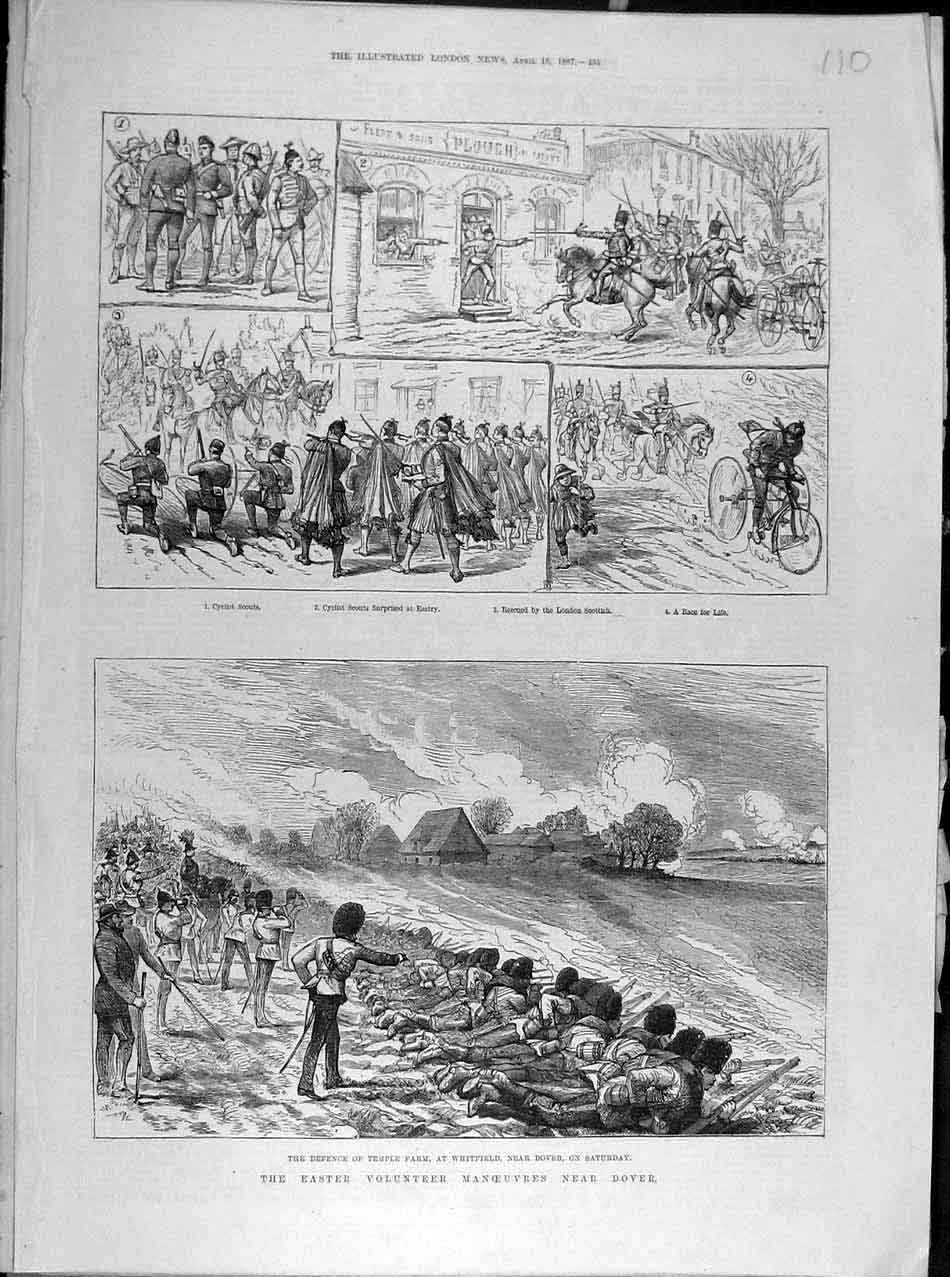 Original Old Antique Print 1887 Easter Volunteer Manoeuvres Dover Military 19th